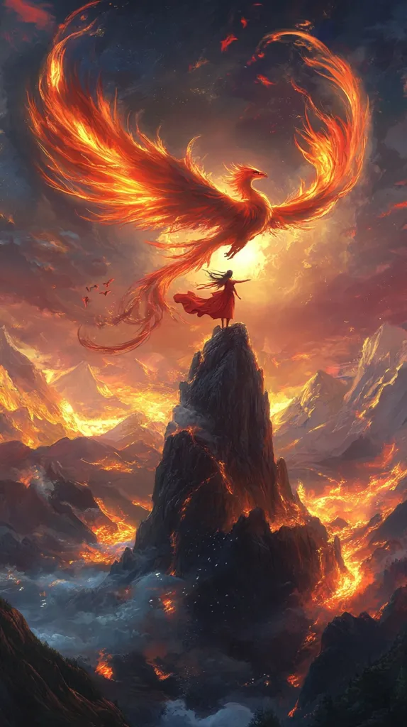 A woman stands atop a rocky mountain, silhouetted against a fiery, orange sky. A majestic phoenix, with blazing orange feathers, soars above her, its wings outstretched in a graceful arc. The scene is full of drama and power, with a hint of danger in the glowing lava flows below. The image evokes a sense of rebirth and transformation.