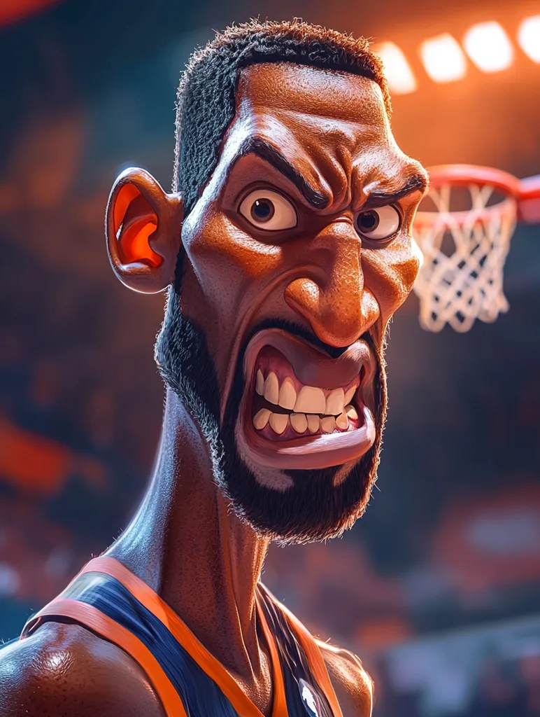 The image is a caricature of a basketball player with exaggerated features. His face is contorted in a fierce expression with a wide, toothy grin. His eyes are narrowed, and his nose is long and pointed. He is wearing a basketball uniform and stands on a basketball court. The image is stylized and humorous.