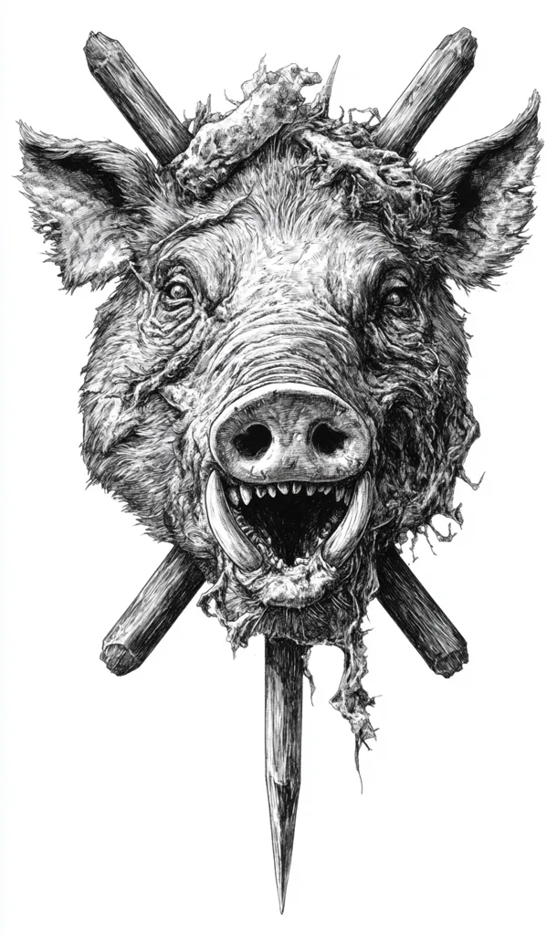 A detailed black and white drawing of a boar's head impaled on a wooden stake. The boar has a fierce expression, its mouth agape in a snarl, revealing its teeth. The drawing is highly realistic, capturing the texture of the boar's skin and fur, as well as the wood of the stake. The image has a dark and menacing tone, suggesting violence and danger.