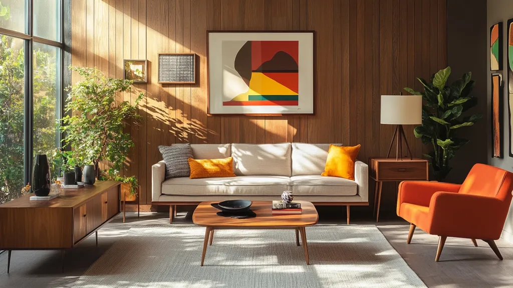 A mid-century modern living room with a white sofa, a bright orange armchair, and wooden furniture. The walls are covered in warm wood paneling, and there is a large window overlooking a lush green garden. Sunlight streams through the window, casting long shadows on the floor. The room is decorated with a colorful abstract painting, plants, and a wooden coffee table.  There is a wooden cabinet in the foreground with a vase and other decor items on top.