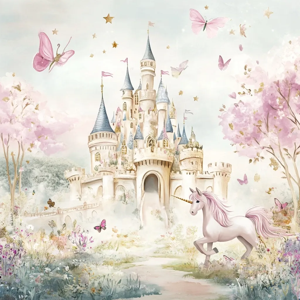 A whimsical fairytale scene featuring a majestic castle in the background, with a unicorn galloping through a field of flowers in the foreground. The image is filled with pink butterflies, golden stars, and pastel colors, creating a magical and enchanting atmosphere.
