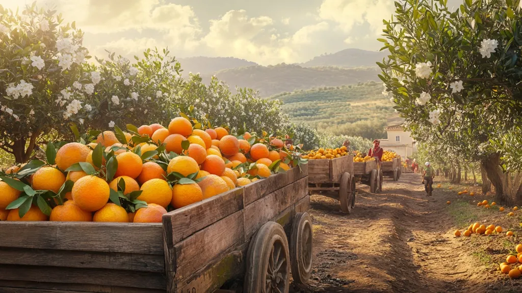 A rustic wooden cart overflowing with ripe oranges sits in the middle of an orange grove. The cart is drawn by a team of horses, and the driver sits proudly on the seat. The orange trees are laden with fruit, and the ground is covered in fallen oranges. In the background, a line of other carts laden with oranges can be seen. The scene is bathed in warm sunlight, and the air is filled with the sweet scent of citrus. The image depicts the beauty and bounty of a traditional orange harvest.