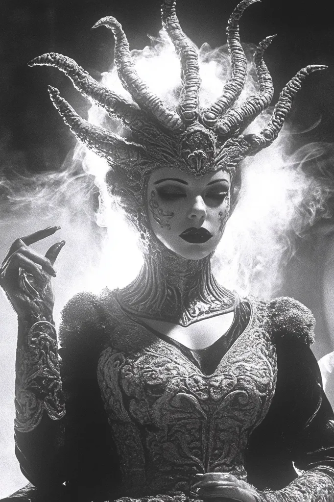 The image shows a woman with a dramatic, intricate headdress that resembles a crown of horns or tentacles. She is wearing an elaborate, detailed gown with a plunging neckline, and the image is in black and white, giving it a gothic and mysterious atmosphere. Her eyes are closed and she looks down, suggesting a sense of introspection or power.  Smoke or fog swirls around her, adding to the dramatic effect.  The overall impression is of a powerful and captivating, perhaps even otherworldly, being.