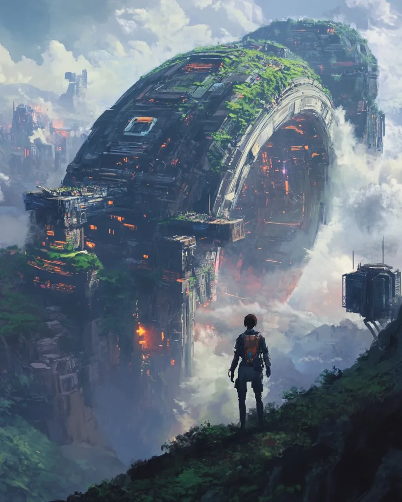 A lone figure stands on a rocky ledge, gazing up at a massive, futuristic structure. The structure is a complex network of metal and concrete, partially covered in vegetation. It appears to be a gigantic, cylindrical space station, with a large, open archway.  The sky is filled with swirling clouds, adding to the sense of wonder and mystery.  The scene evokes a sense of awe and exploration, as the lone figure contemplates the vastness of the unknown.