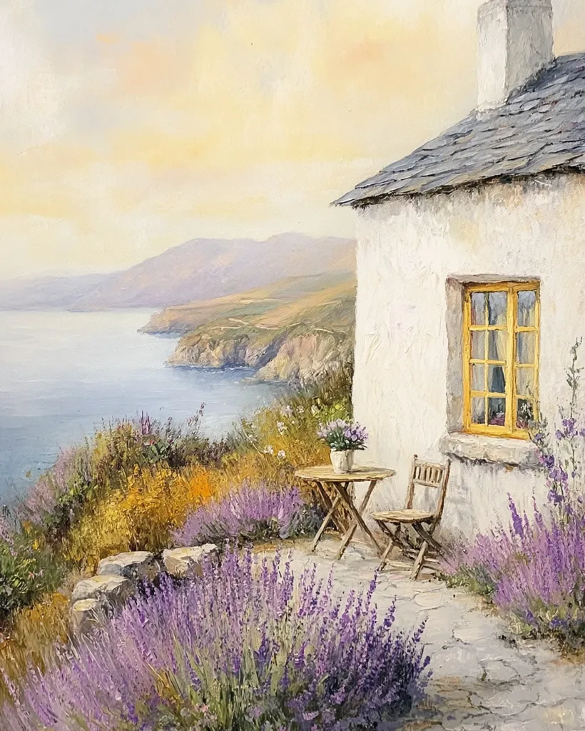 A quaint white cottage with a window overlooking a breathtaking coastline. The scene is filled with vibrant purple lavender flowers in the foreground, adding a touch of color and fragrance to the idyllic setting. A small table and chair sit on the stone patio, inviting one to relax and enjoy the serene beauty of the moment. The gentle waves of the ocean and the rolling hills in the distance create a sense of tranquility and peace. The sky is a soft, pastel blue, suggesting a calm and beautiful day. The overall composition of the painting evokes a sense of peaceful solitude and escape from the hustle and bustle of everyday life.