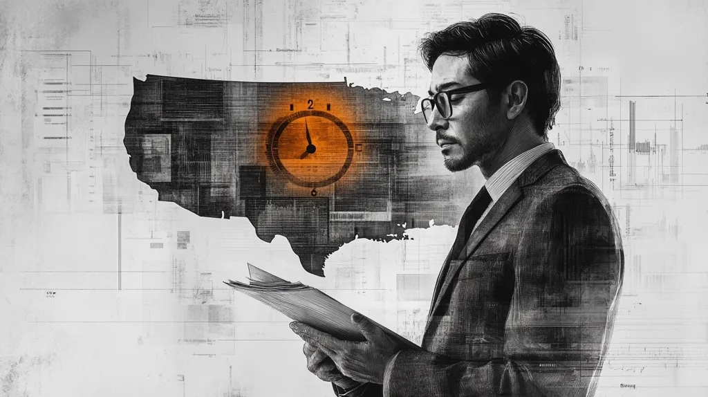 A man in a suit stands in front of a blurred background. He is looking down at a document in his hands. An orange clock face and a map of the United States are superimposed over the background. The image is stylized and appears to be a digital illustration. The image conveys a sense of time and urgency.