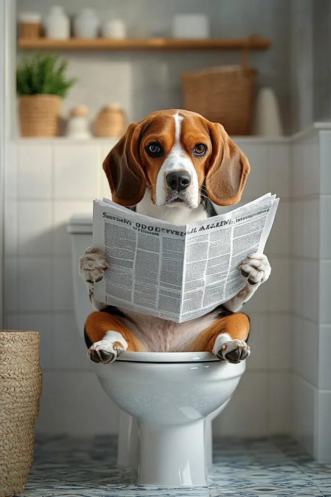 A beagle dog sits on a toilet seat, dressed in a white shirt and holding a newspaper in its paws. The dog looks serious as it reads, creating a humorous scene with the juxtaposition of a dog and a human toilet. The bathroom setting is simple, with white tiles and a wicker basket in the foreground. The image is a light-hearted take on the classic image of a person reading on the toilet.
