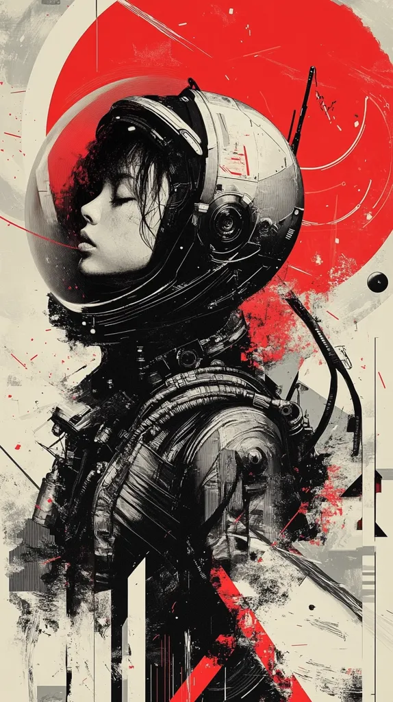 A stylized illustration of an astronaut in a futuristic suit, gazing out into the vastness of space. The astronaut's face is partially obscured by the helmet, but their expression is one of determination and wonder. The composition is dominated by bold lines, sharp angles, and a striking color palette of black, white, and red. The red circle in the background resembles a distant planet or sun, while the black and white geometric shapes create a sense of movement and energy. The overall effect is one of awe and mystery, as the astronaut explores the unknown reaches of space.