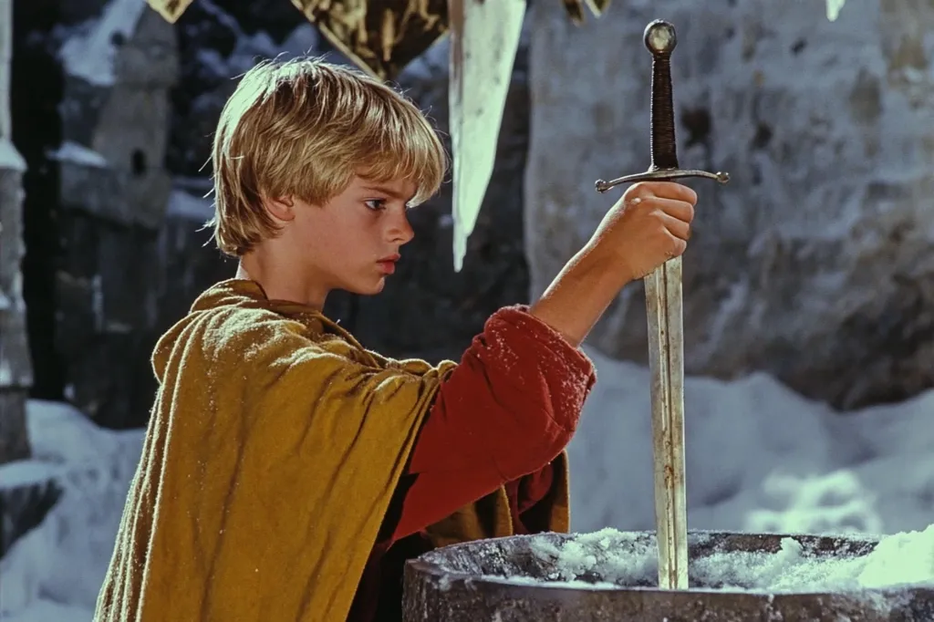 A young boy, dressed in a brown cloak and red shirt, holds a sword in his right hand. He is looking down at the sword, which is stuck in a block of ice. The scene is set in a snowy, wintery environment. There is a stone wall in the background and icicles hanging from the ceiling. The boy appears to be in a state of wonder or contemplation.  The image evokes a sense of magic and adventure.