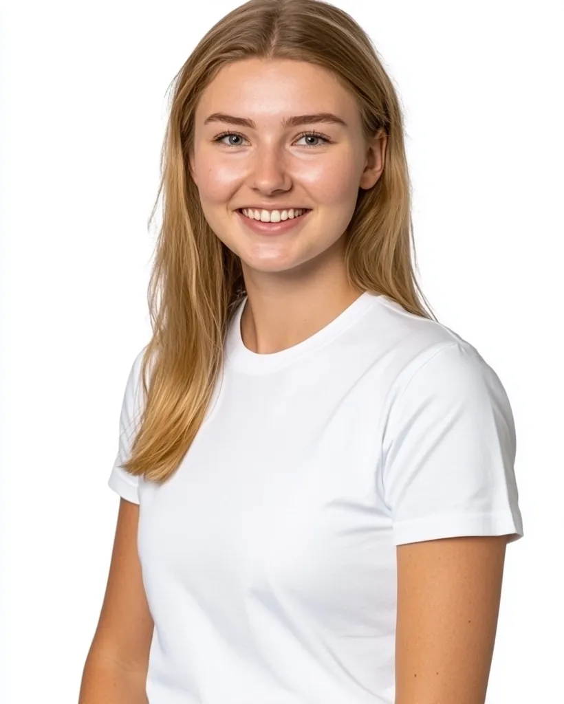 A young woman with long blonde hair is smiling at the camera. She is wearing a white t-shirt and her hair is parted down the middle. The background is a plain white wall. She looks friendly and approachable.  The image is well-lit, and the woman's expression is positive and engaging.