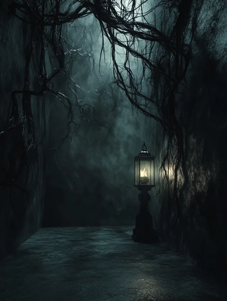 A solitary lantern stands in a dark, eerie alleyway. The air is thick with fog and mist, casting an ominous glow on the surrounding walls. The only light source is the flickering flame inside the lantern, illuminating the twisted branches that cling to the walls. The scene evokes a sense of mystery and suspense, hinting at secrets lurking in the shadows.