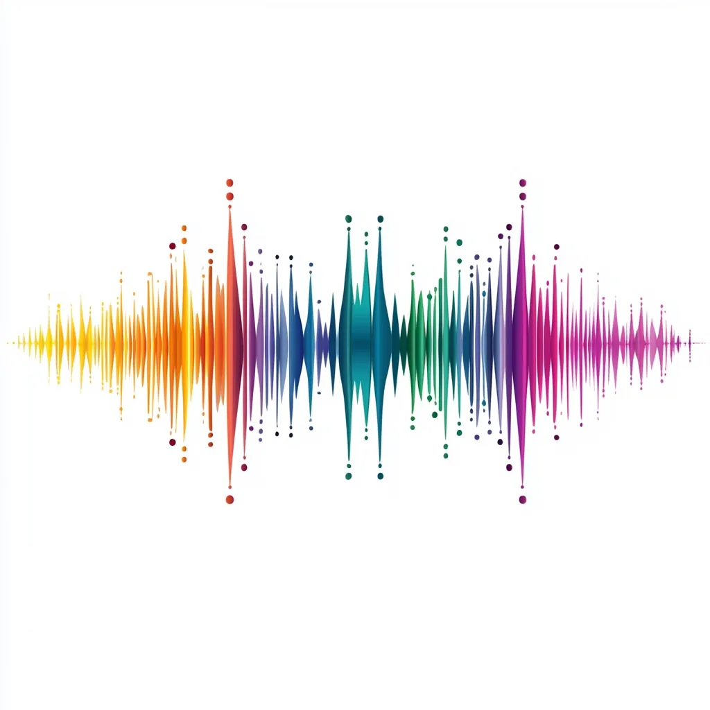 A colorful sound wave visualization, resembling a rainbow, with sharp peaks and dips. The wave is made of  gradually changing colors, with yellow on the left and fading through orange, red, purple, blue, green, and back to pink on the right.  Small dots of corresponding colors trail behind the peaks. The visualization is set against a pure white background.