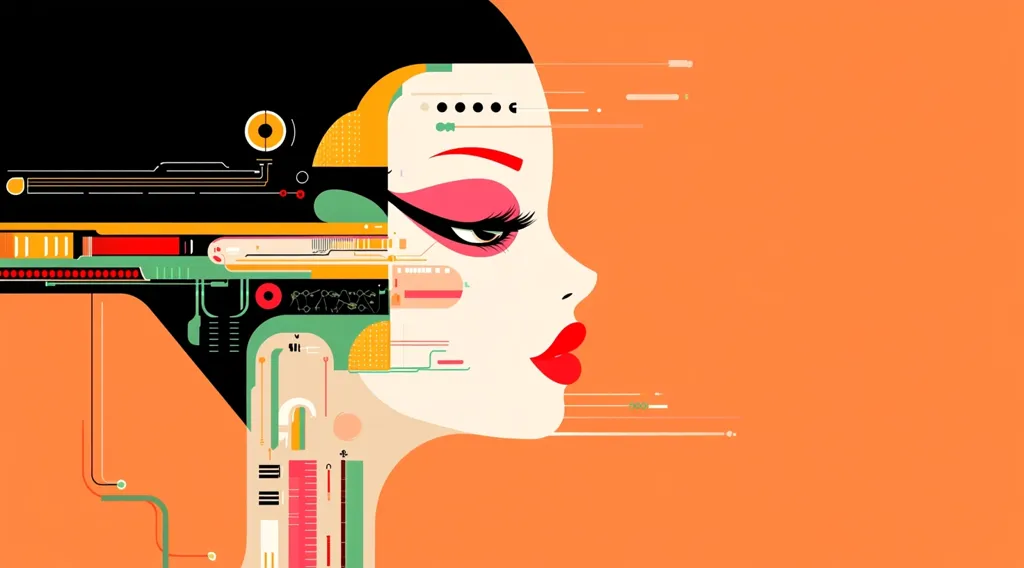 The image is an abstract portrait of a woman with a bold red lip and heavy eyeliner. Her face is made up of colorful geometric shapes and lines, suggesting a connection to technology and the digital world. The background is a vibrant orange, creating a striking contrast to the woman's features.  The image evokes a sense of modern femininity and the merging of humanity and technology.