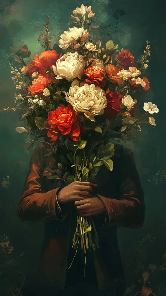 A person wearing a brown jacket is holding a large bouquet of flowers in front of them. The bouquet is comprised of red, white, and yellow flowers with a dark green background. The person's hands are gently holding the flowers, suggesting a sense of care and affection. The overall composition creates a romantic and evocative atmosphere.