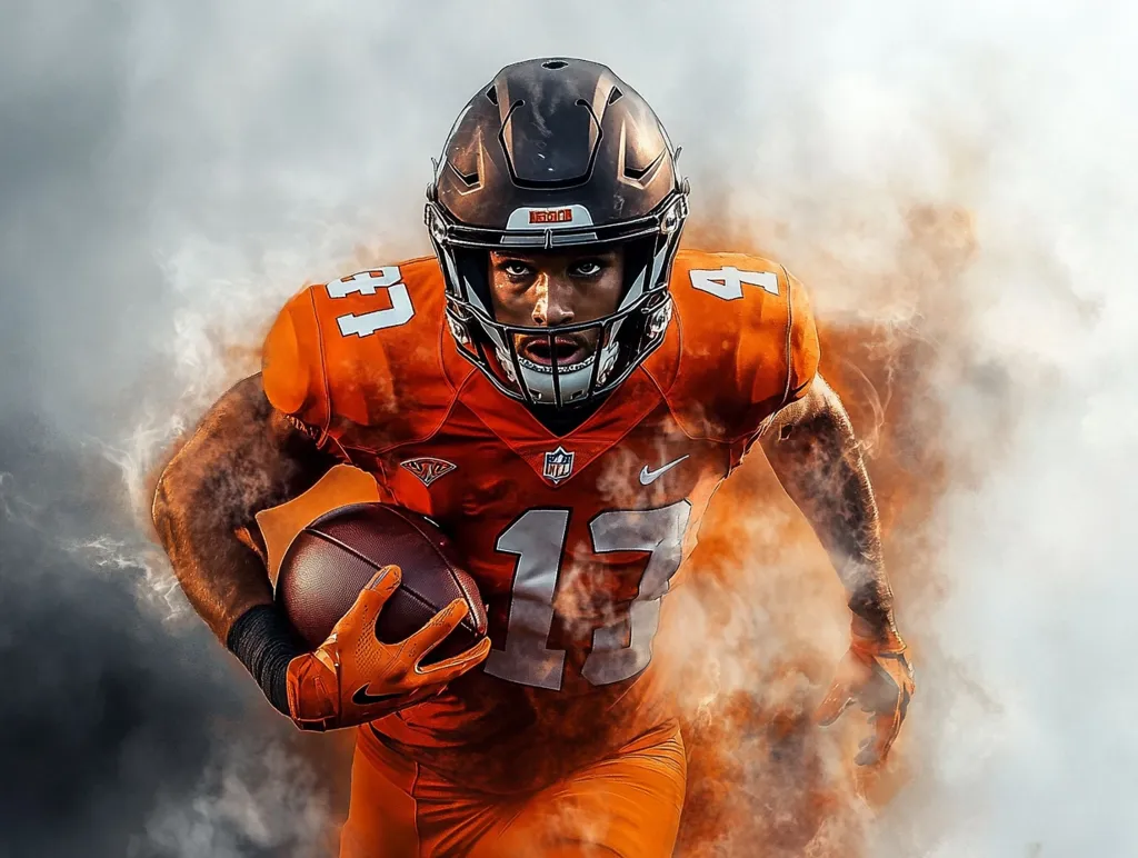 A football player in an orange uniform, wearing a helmet, is running with the ball in his hands. He is surrounded by swirling smoke, creating a dramatic and dynamic image. The player's determined expression and the intensity of the action suggest a fierce and competitive game. The colors of the uniform and the smoke create a visually striking contrast.