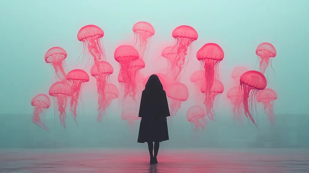 A lone figure in a black cloak stands in front of a background filled with pink jellyfish. The jellyfish appear to float in a soft, ethereal mist, their translucent bodies glowing against the blue-green sky. The scene is both surreal and beautiful, hinting at a sense of mystery and wonder.
