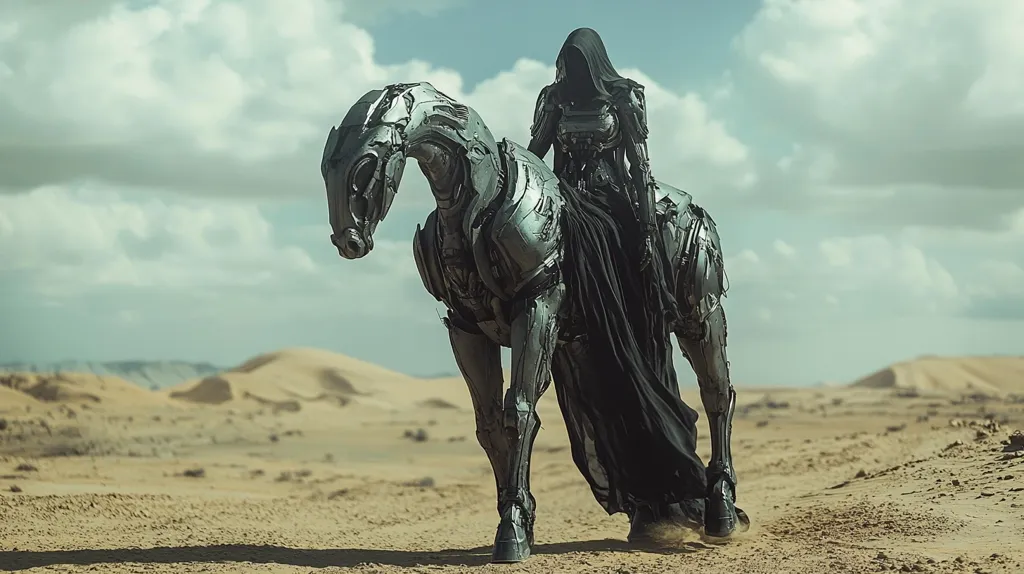 A cloaked figure rides a metallic horse across a vast, sandy desert under a cloudy sky. The horse is intricately detailed, resembling a robotic animal with a sleek, silver body. The figure's cloak billows behind them, adding to the dramatic and mysterious atmosphere of the scene. The sand dunes stretch out in the distance, creating a sense of isolation and vastness.