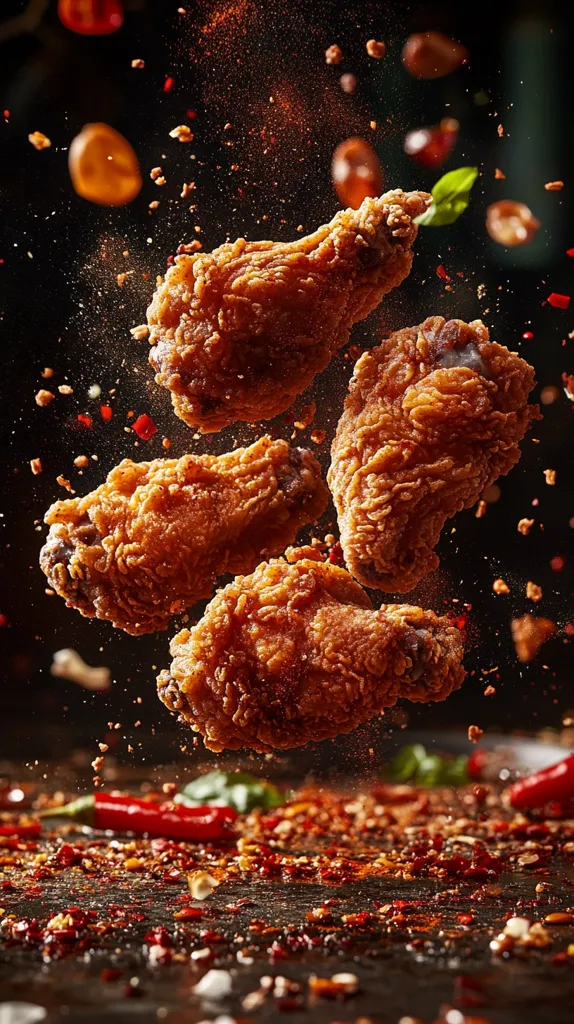 Four crispy fried chicken wings are suspended mid-air, seemingly caught in a flurry of red chili flakes, pepper, and other spices. The wings are golden brown and appear extremely delicious.  The dark background creates a dramatic contrast to the brightly colored food.