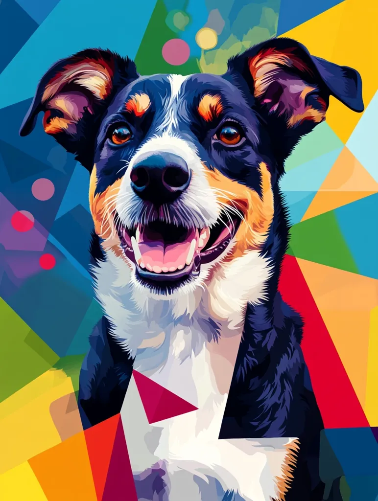 A black and white dog with brown markings around its eyes and ears is depicted in a vibrant, colorful, geometric background. The dog's tongue is sticking out and it has a happy expression on its face. The image is a pop art style, with bold colors and sharp lines. The background is a collage of colorful geometric shapes, creating a dynamic and energetic composition.