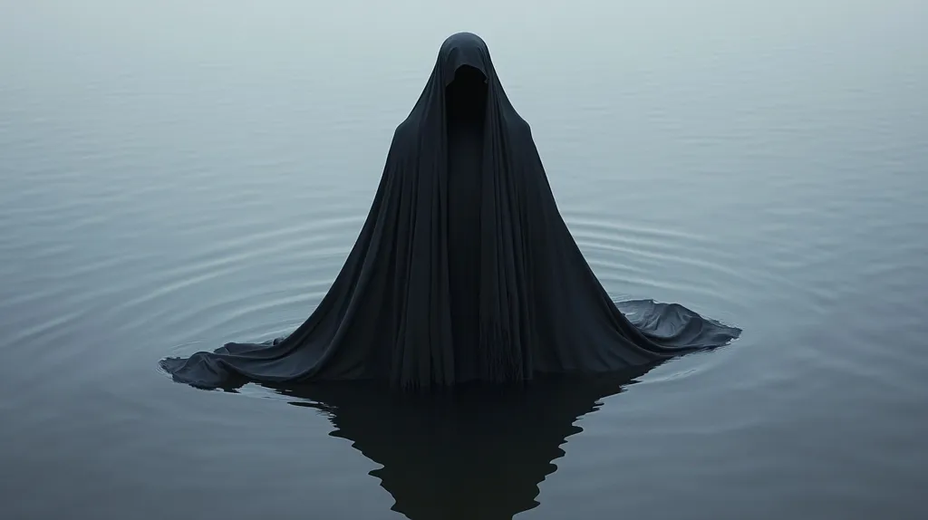 A figure completely cloaked in black fabric stands in a still body of water. The figure's face is obscured by the hood, adding to the mystery and intrigue. The smooth surface of the water reflects the figure's dark silhouette, creating an ethereal and almost ghostly image. The overall tone of the image is dark and mysterious, hinting at secrets or hidden meanings.