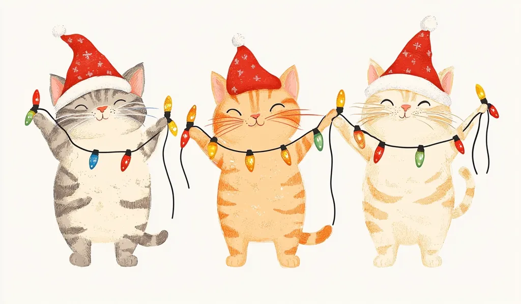 Three cats wearing Santa hats are holding strings of Christmas lights.  They are all smiling and seem happy to be celebrating the holidays. The cat on the left is grey and white, the cat in the middle is orange and white, and the cat on the right is white and brown.  The lights are colorful and festive.  The background is white.