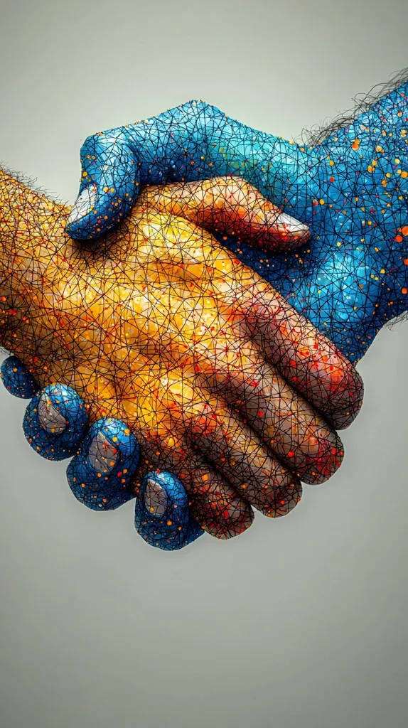Two hands, one painted blue and the other orange and yellow, are clasped together in a handshake. The hands are covered in a detailed network of lines and dots, creating a textured and intricate design. The colors are vibrant and eye-catching, symbolizing unity and collaboration. The handshake represents a powerful message of peace, understanding, and connection.