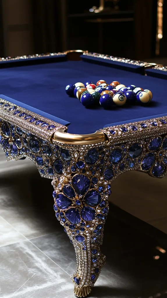 A luxurious pool table, adorned with a lavish display of sparkling blue gemstones and gold accents, sits on a polished gray floor. The blue felt surface of the table is adorned with a cluster of billiard balls, creating a striking contrast against the dazzling embellishments. The intricate detailing and meticulous craftsmanship of the table suggest a remarkable level of opulence and exclusivity.