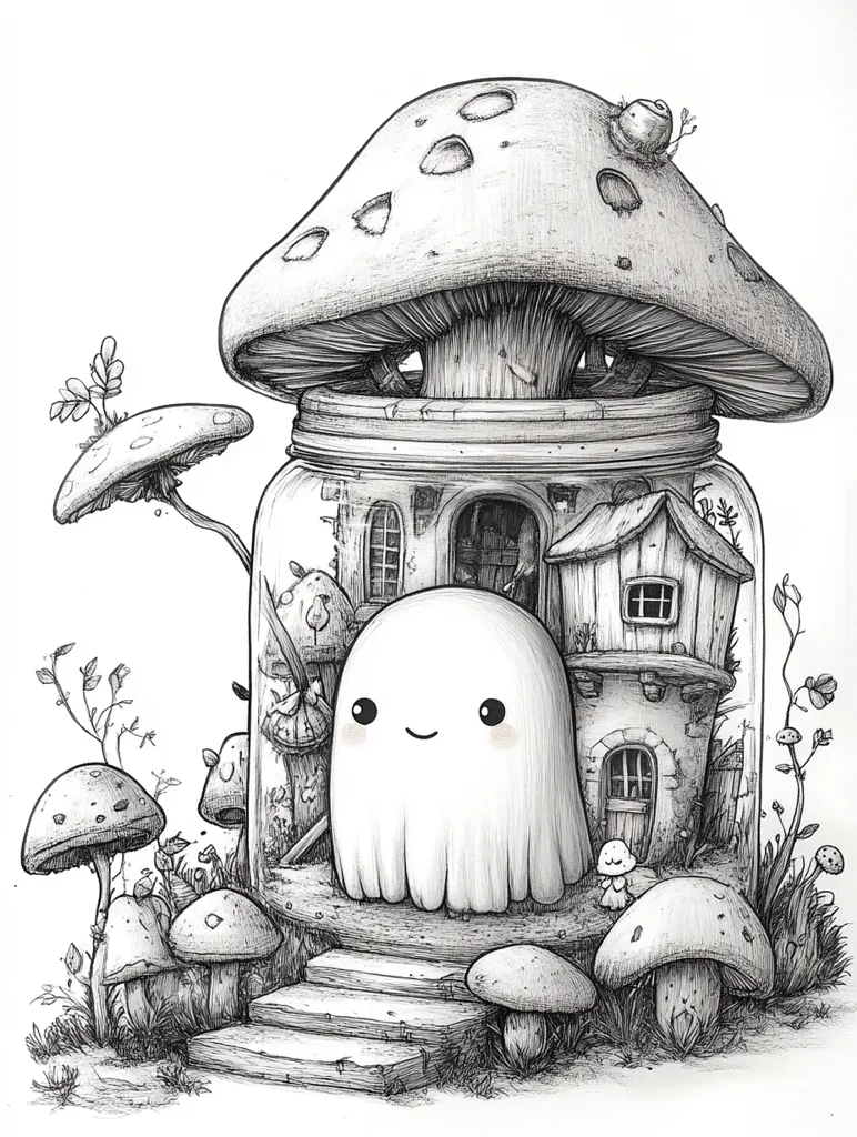 A whimsical illustration of a mushroom house nestled inside a glass jar. The house has a small door, windows, and a chimney. A friendly ghost stands at the bottom of the steps leading to the house. The illustration is filled with detailed drawings of mushrooms, leaves, and other small details, creating a sense of wonder and enchantment. The use of black and white enhances the sense of whimsy and dream-like quality of the artwork.