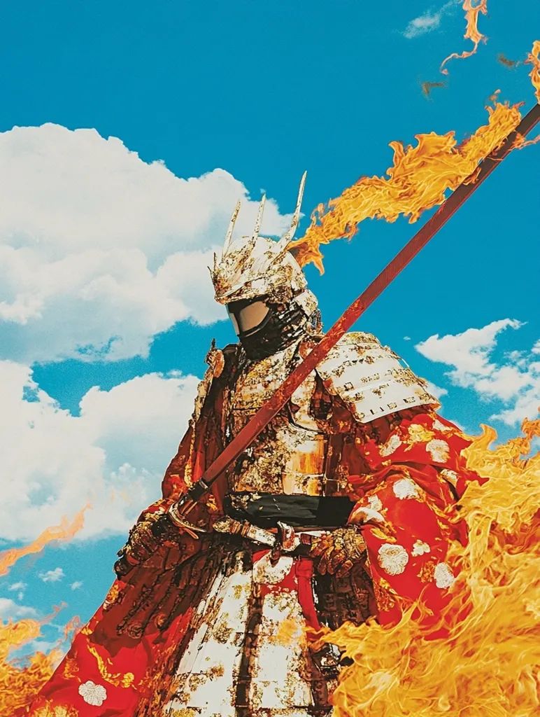 A samurai warrior clad in golden armor and a red robe stands amidst a fiery inferno. The samurai's face is obscured by a helmet, and the flames engulf the lower half of their body. The sky above is a bright blue, with fluffy white clouds. The image evokes a sense of power, danger, and the heat of battle.