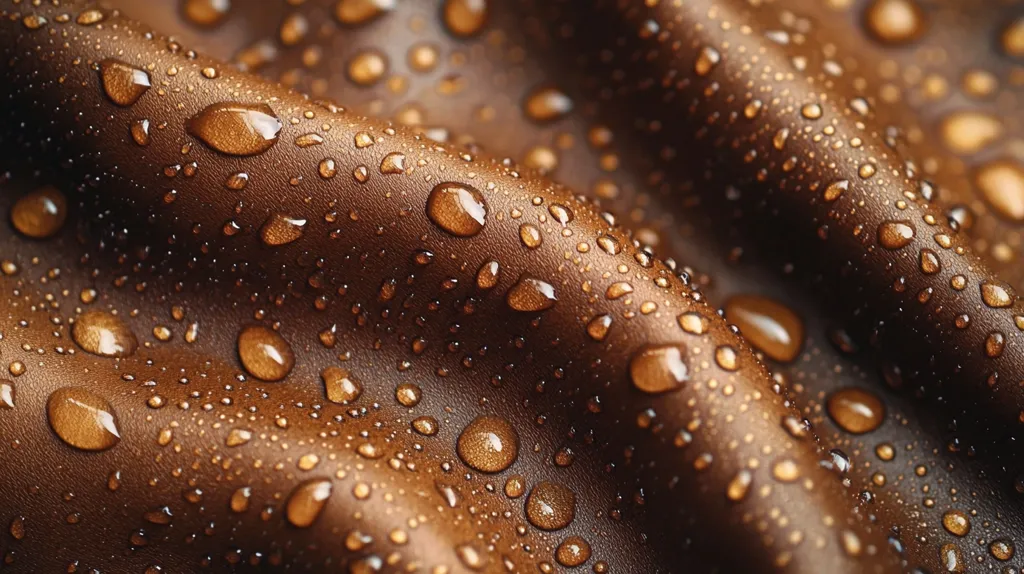 A close-up shot of a brown leather surface covered in small, glistening water droplets. The leather is soft and textured, and the droplets create a beautiful, abstract pattern. The image evokes a sense of luxury and refinement.