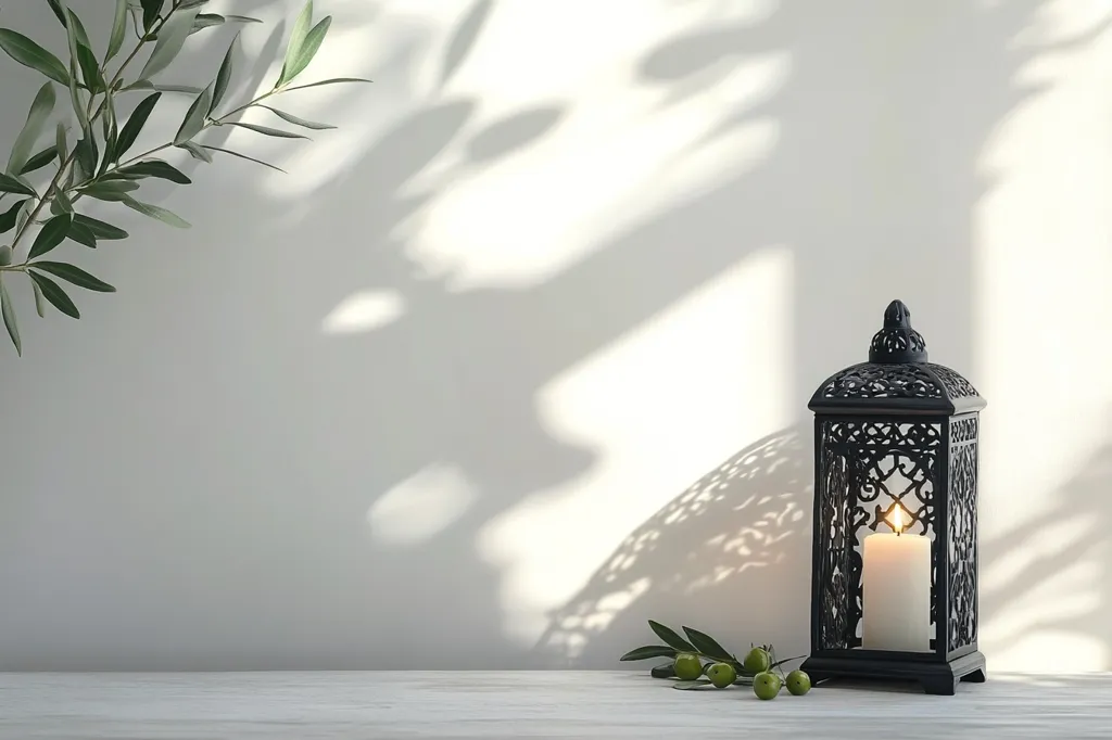 A black metal lantern with a lit candle sits on a white table against a white wall. The lantern is intricately designed and casts a shadow on the wall.  A sprig of green olives is to the left of the lantern. The image has a minimalist aesthetic with a focus on light and shadow.  A branch with green leaves is partially visible in the upper left corner.
