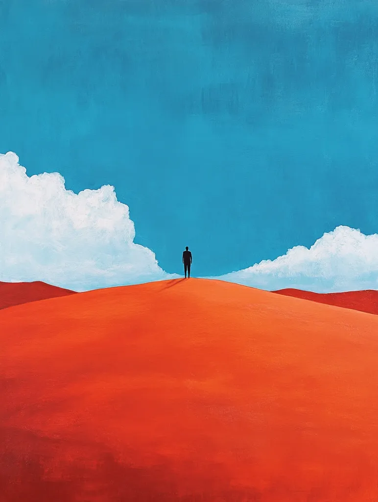 A solitary figure stands at the crest of a vast, red sand dune, gazing out at a sky of brilliant blue. The sky is dotted with fluffy white clouds, adding a sense of serenity to the scene. The minimalist composition emphasizes the starkness of the landscape and the figure's isolation. The painting evokes a feeling of contemplation and introspection, as the figure seems to be taking in the grandeur of their surroundings.