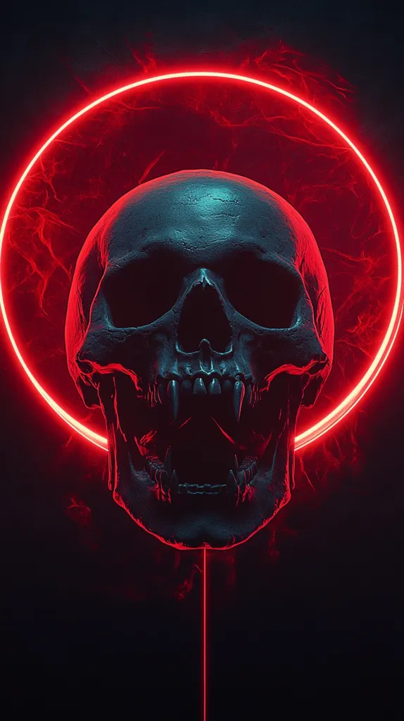 A dark, detailed skull with sharp teeth is surrounded by a glowing, red, circular neon light. The light flickers and fades into a dark, smoky background. The skull is positioned slightly off-center, creating a menacing and dramatic scene.  The image evokes a sense of mystery and danger.