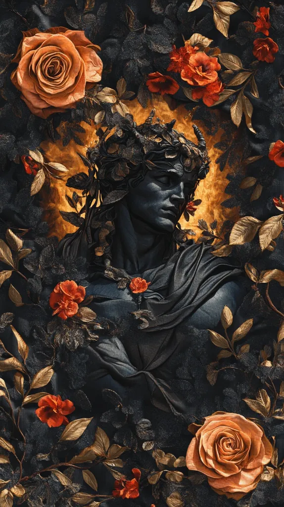 A dark, dramatic image of a person with a crown of thorns and a mournful expression, surrounded by blooming roses in various shades of orange and red. The background is a rich black with a golden glow, creating a sense of mystery and depth. The image evokes a sense of sorrow and beauty, hinting at a story of love and loss.
