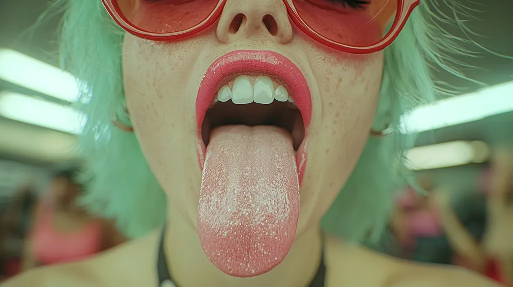A close-up shot of a woman with bright green hair, wearing red-rimmed sunglasses. Her mouth is open and her tongue is sticking out, covered in a white substance. Her lips are painted a bright pink, and she appears to be in a dimly lit room with a blur of people in the background. The focus is entirely on her tongue.  The image has a vibrant and slightly surreal feel.