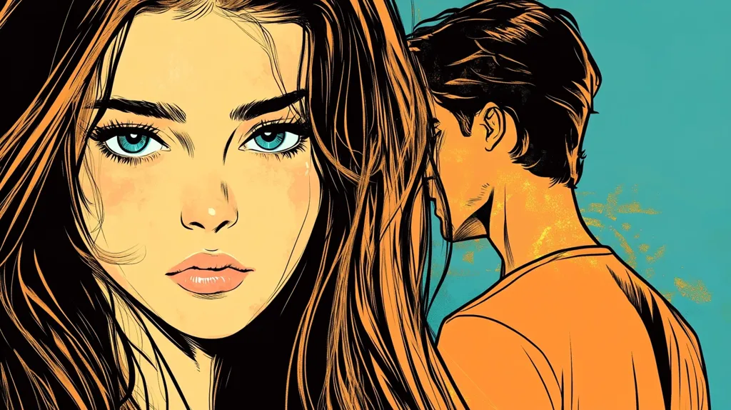 The image is a close-up of a woman and a man's heads in a comic book style. The woman has long brown hair and blue eyes, she is looking directly at the viewer with a serious expression. The man is behind her, with his back to the viewer, he has short dark hair and an orange shirt. The background is a teal color.  The image is suggestive of a romantic relationship and possibly a moment of tension or conflict.
