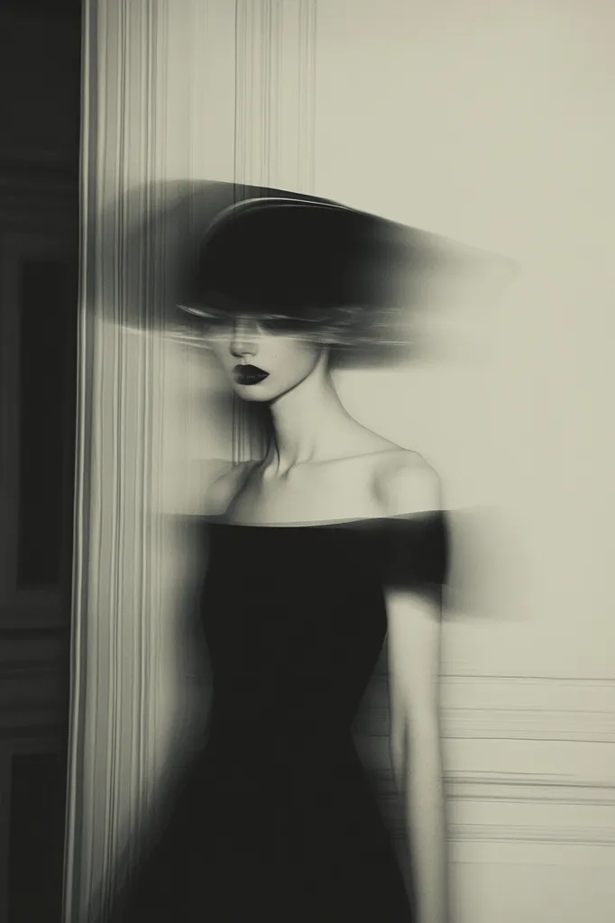 A woman in a black dress and a large hat stands in front of a white paneled wall. The image is in black and white and the woman is slightly blurred, giving a sense of motion and mystery. The lighting is soft, creating a moody and elegant atmosphere.