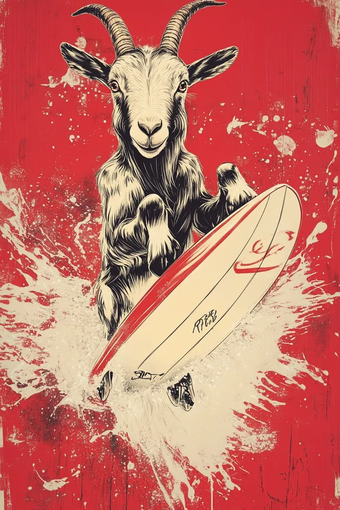 A goat is riding a surfboard in a wave. The goat is white with black fur on its head and legs. It is looking straight ahead, its mouth slightly open. The surfboard is white with a red stripe and a black signature on the bottom. The wave is white and the background is red.  The illustration has a vintage look, with splattered paint and a textured background.  The image is funny and quirky, suggesting a goat that enjoys surfing.