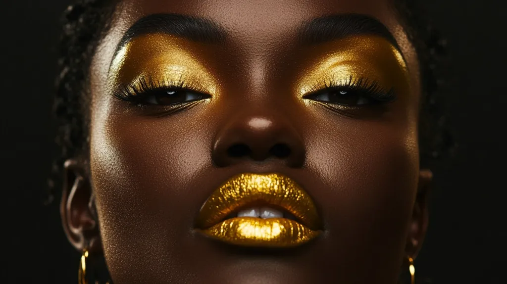 A close-up of a woman's face with dark skin. She has golden eyeshadow and lipstick and is looking directly at the camera with a serious expression. The image is lit from the front, emphasizing the gold makeup.  The background is dark, creating a dramatic effect.  The overall image conveys a sense of glamour and intensity.