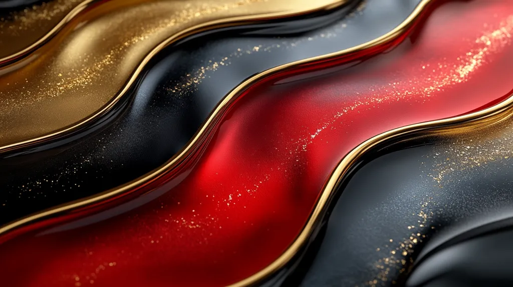 The image shows three wavy, glossy plates stacked on top of each other. The top plate is gold with a subtle gold glitter effect, the middle plate is black with gold glitter, and the bottom plate is red with a fine, gold-speckled texture. The plates are arranged in a way that creates a dramatic, flowing, and luxurious look. The overall image is a study in rich color and texture.
