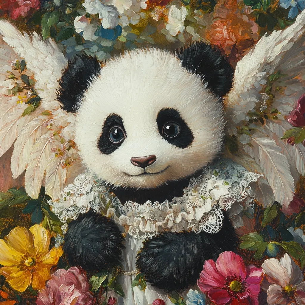 A panda wearing a white lace dress with feathery angel wings is surrounded by colorful flowers. It's looking directly at the viewer with a sweet and innocent expression. The painting is done in a realistic style with vibrant colors.