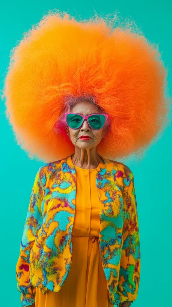 A woman with bright orange hair stands against a turquoise background, wearing a vibrant yellow dress with a multi-colored floral patterned jacket and oversized sunglasses. She has a serious expression and is looking directly at the camera. The colors in the image are bold and striking, making the woman stand out in a unique and stylish way.  The image is full of energy and personality.