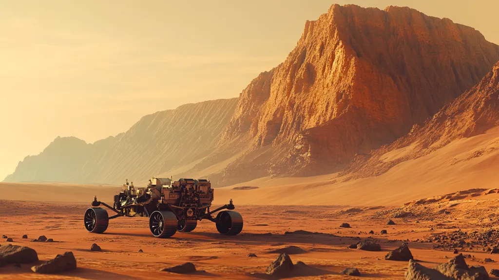 A rover sits on the surface of Mars, with a large red rock formation in the background. The rover has six wheels and a large, boxy body. The Martian landscape is red and dusty, with scattered rocks and a clear, bright sky. The sun shines brightly, casting long shadows across the scene.