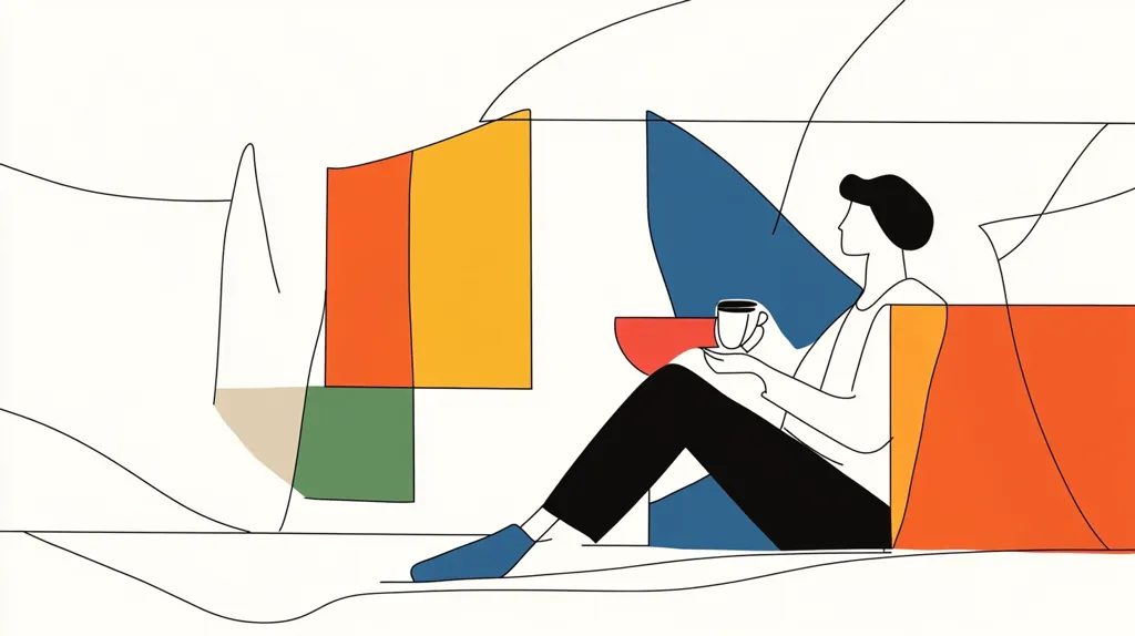 The image is a line drawing of a person sitting with a cup of coffee in front of a brightly colored abstract background. The person is in the right side of the image, wearing a white shirt and black pants, and holding a white coffee cup with their right hand. The abstract background is made up of a blue shape, a red and yellow shape, and a green shape. The lines of the drawing are simple and elegant, creating a sense of calm and serenity. The colors are bright and bold, adding a touch of vibrancy to the image. Overall, the image is a minimalist and modern representation of a moment of quiet contemplation.