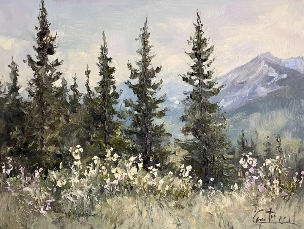 A painting of a mountain landscape. It features a row of tall, dark green fir trees in the foreground, with a grassy meadow dotted with small white flowers in the front. In the distance, a mountain range is visible under a light, hazy sky. The painting is rendered in a realistic style with soft, blended colors. The artist's signature is visible in the lower right corner.
