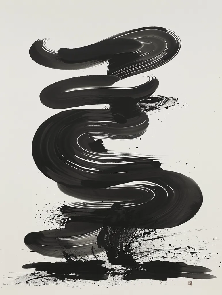 The image is an abstract painting. It features a large black form that resembles a twisted, swirling shape. The form is made up of layers of black ink, creating a sense of depth and movement. The black ink also creates a sense of energy and dynamism. The background is a stark white, which makes the black form stand out even more. The painting is minimalist in its composition, but powerful in its impact.  The  painterly style of the abstract shape is reminiscent of sumi-e, a Japanese ink painting tradition.  The black ink is used in a bold and expressive way, creating a sense of spontaneity and freedom.