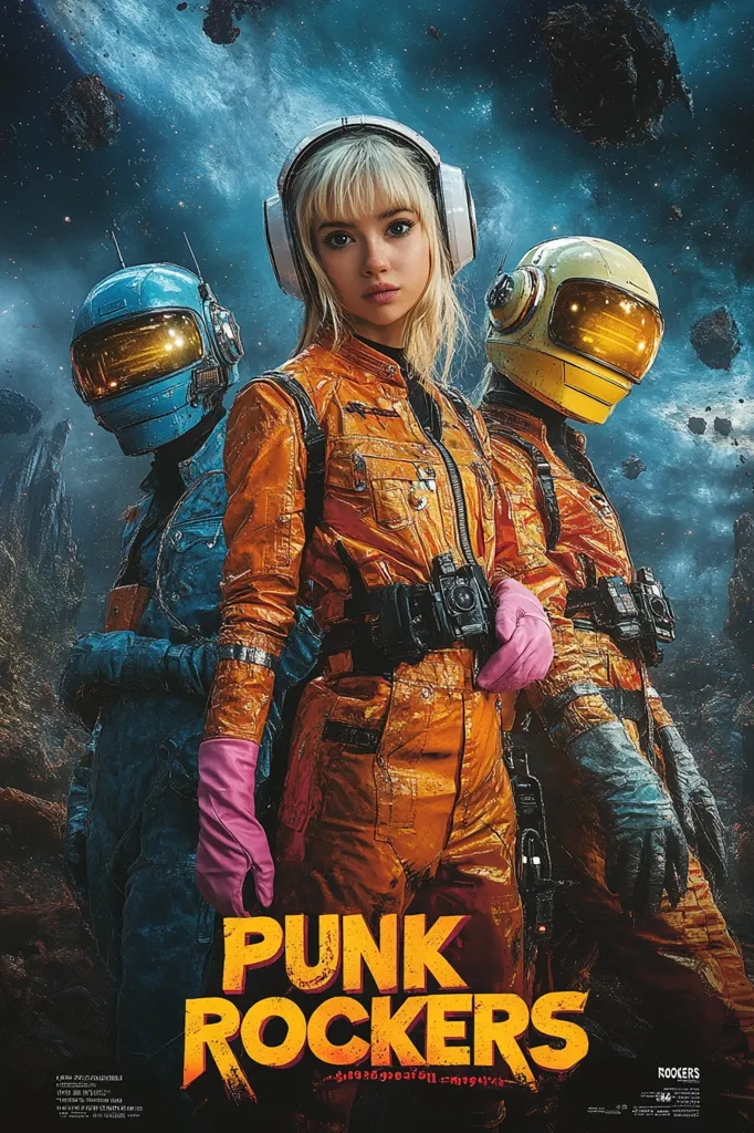 The image shows three figures in space suits against a backdrop of a nebula with floating asteroids.  The central figure is a young woman wearing a white helmet with large headphones, an orange jumpsuit, and pink gloves.  To the left of her is a figure in a blue suit and a blue helmet, and on her right is a figure in a yellow suit and a yellow helmet. The words "Punk Rockers" are emblazoned across the bottom of the image in yellow letters.  The overall mood is one of adventure and excitement.