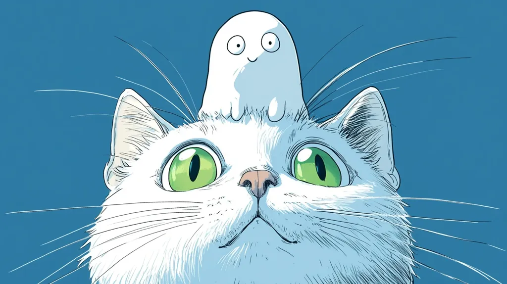 The image features a white cat with large green eyes looking upwards.  A small, white, ghost-like figure is perched on top of the cat's head, with a simple, smiling face.  The background is a solid blue.  The image is drawn in a simple, cartoon style.