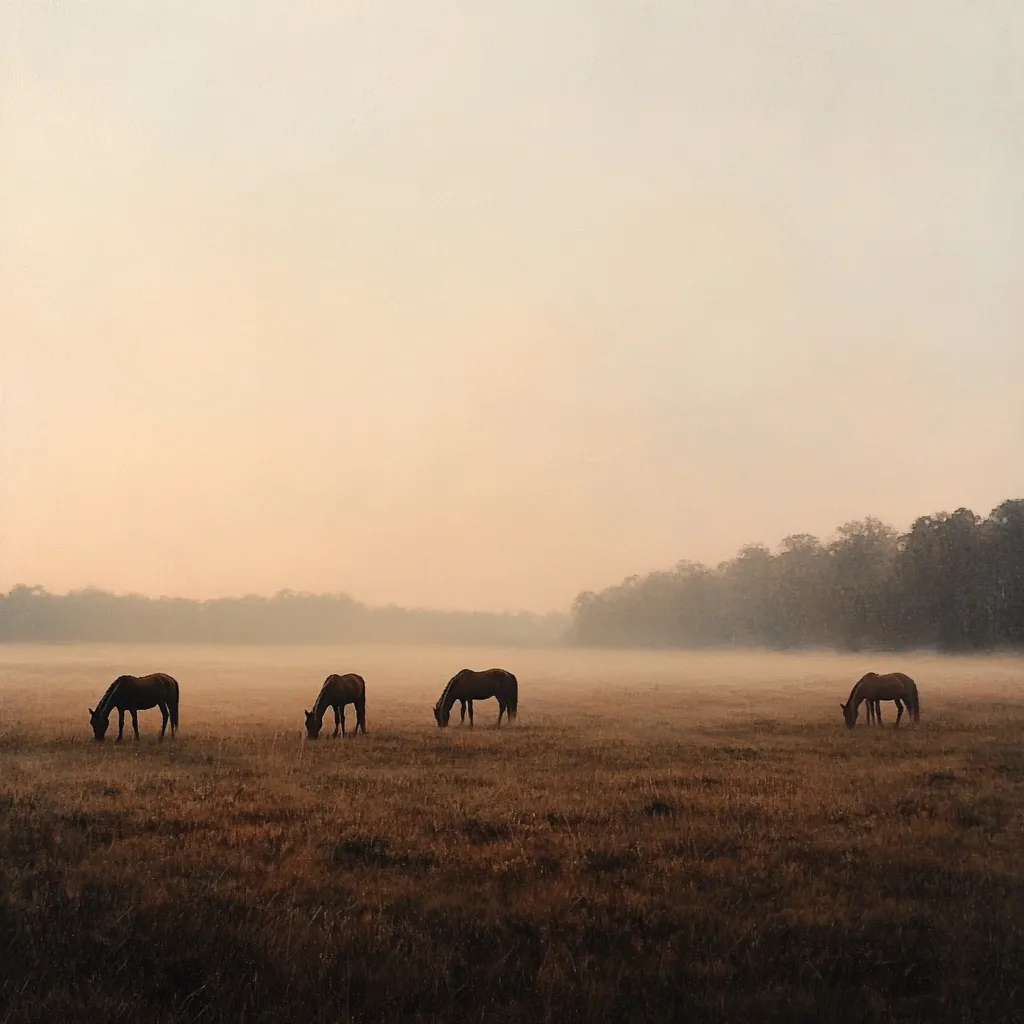 Four horses graze in a misty field. The horses are silhouetted against the hazy sky, with the sun rising in the distance. The scene is serene and peaceful, with a soft, golden light illuminating the field. The fog creates a dreamy atmosphere, adding to the sense of tranquility. The image captures a quiet moment in nature, with the horses peacefully grazing in the early morning light.