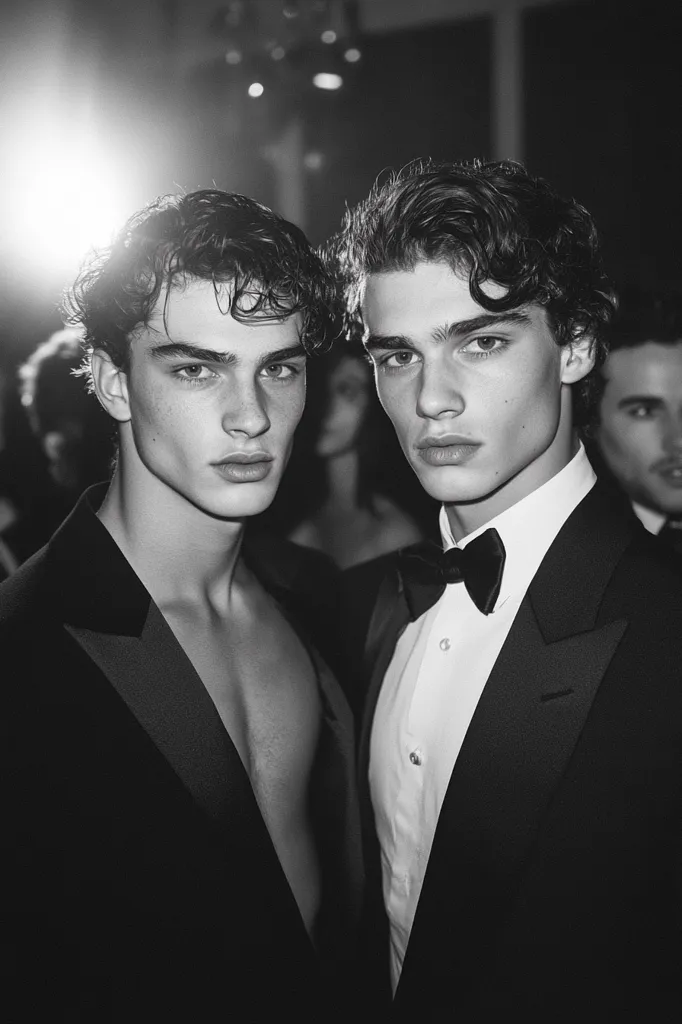 Two young men in black tuxedos pose for a photo. The man on the left is shirtless, with his jacket open, while the man on the right wears a white shirt and black bow tie. The image is in black and white, creating a classic and elegant feel. Their intense gazes and sharp jawlines highlight their striking features.  The background is blurred, focusing attention on the two men.  The overall image is striking and stylish.